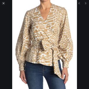 GANNI Printed Puff Sleeve Cotton Poplin Wrap Top